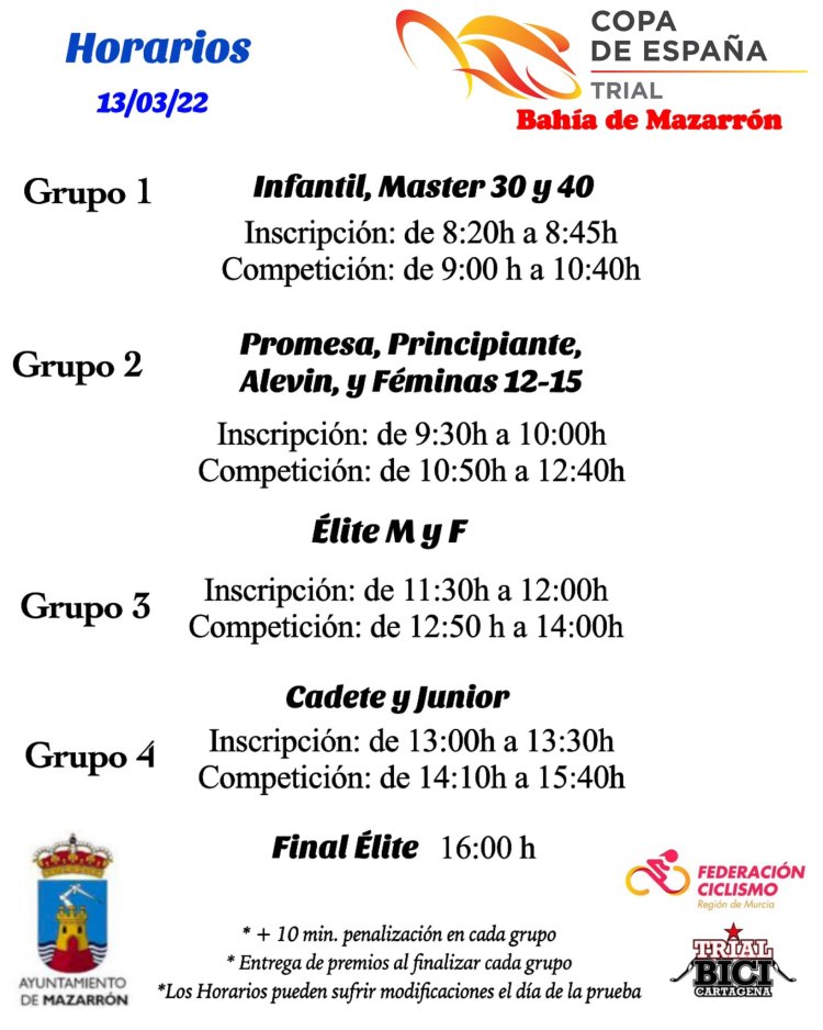 Horarios Copa de España Trial Bahía de Mazarrón - Domingo 13 de marzo