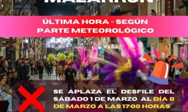 Desde la Concejalía de Festejos han anunciado que  debido a las condiciones meteorológicas, el desfile del sábado 1 de marzo se aplaza al sábado 8 de marzo a las 17:00 h.