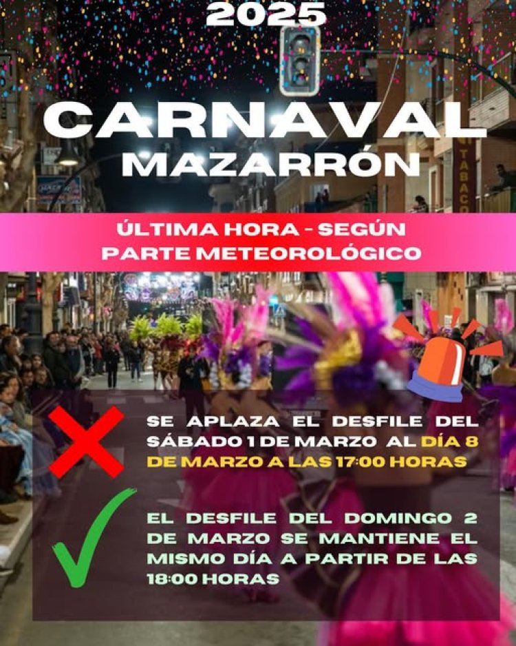 Desde la Concejalía de Festejos han anunciado que  debido a las condiciones meteorológicas, el desfile del sábado 1 de marzo se aplaza al sábado 8 de marzo a las 17:00 h.