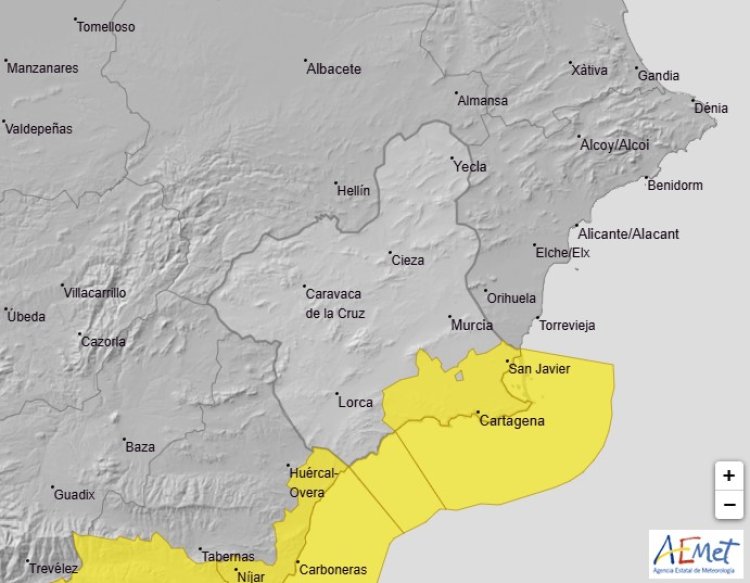 Meteorología advierte de viento hasta 70 km/h el jueves en el Campo de Cartagena y Mazarrón y temporal en la costa