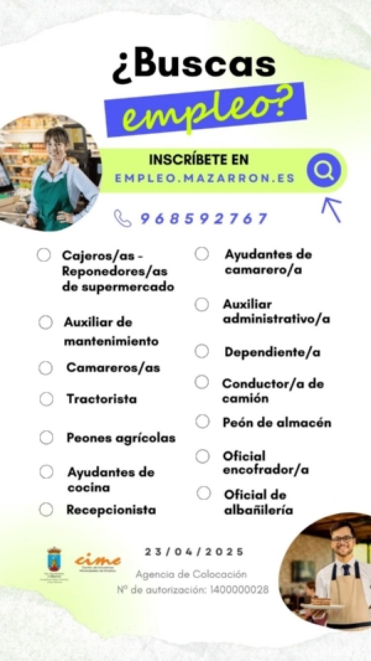 Ofertas de empleo activas de la Agencia de Colocación del Ayuntamiento de Mazarrón