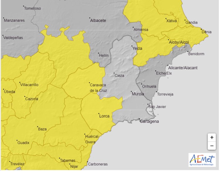 Meteorología mantiene para hoy miércoles aviso de fenómenos adversos de nivel amarillo por lluvias y tormentas en Noroeste, Valle de Guadalentín, Lorca y Águilas