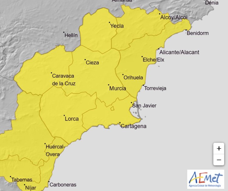 AEMET emite aviso de nivel AMARILLO por lluvias y tormentas en la Región de Murcia, para mañana 15 de mayo.