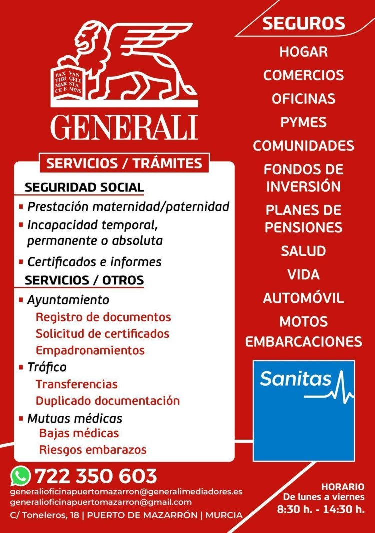 Abre sus puertas en Puerto de Mazarrón SEGUROS GENERALI, en Plaza Toneleros, 18. Tlfno: 722 350603