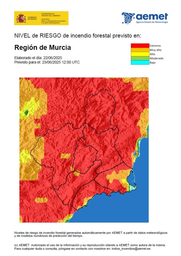 El nivel de riesgo de incendio forestal previsto para hoy lunes es EXTREMO en prácticamente toda la Región