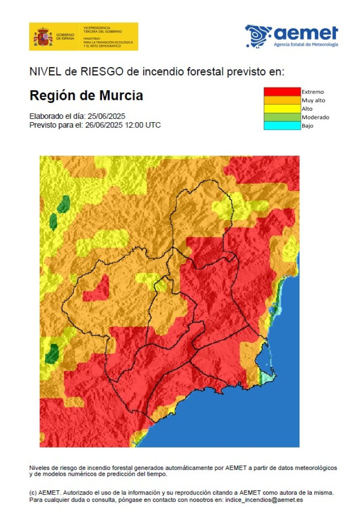 El nivel de riesgo de incendio forestal previsto para hoy es extremo o muy alto en toda la Región