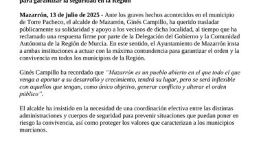 El alcalde de Mazarrón muestra su apoyo a los vecinos de Torre Pacheco y exige, a la Delegación del Gobierno y a la Comunidad Autónoma, medidas contundentes para garantizar la seguridad en la Región