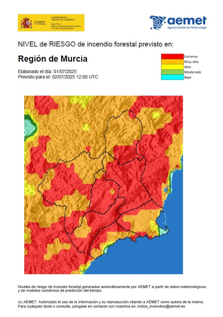 Nivel de riesgo de incendio forestal previsto para hoy miércoles EXTREMO o MUY ALTO en toda la Región de Murcia
