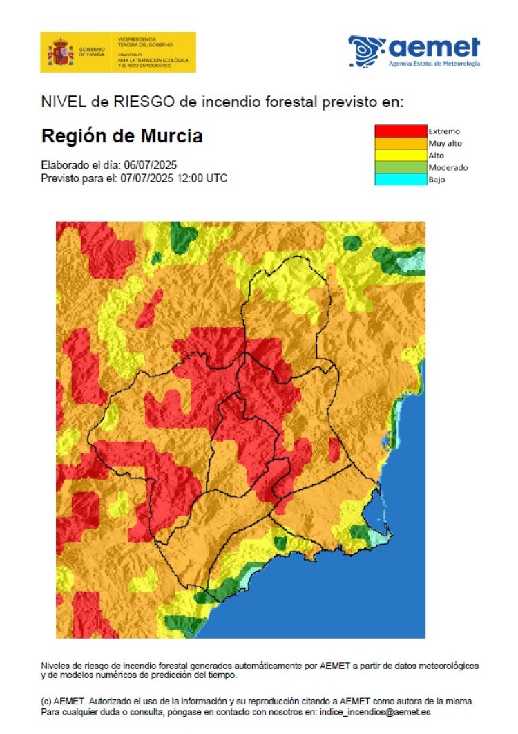 El nivel de riesgo de incendio forestal previsto para hoy es extremo o muy alto en casi toda la Región