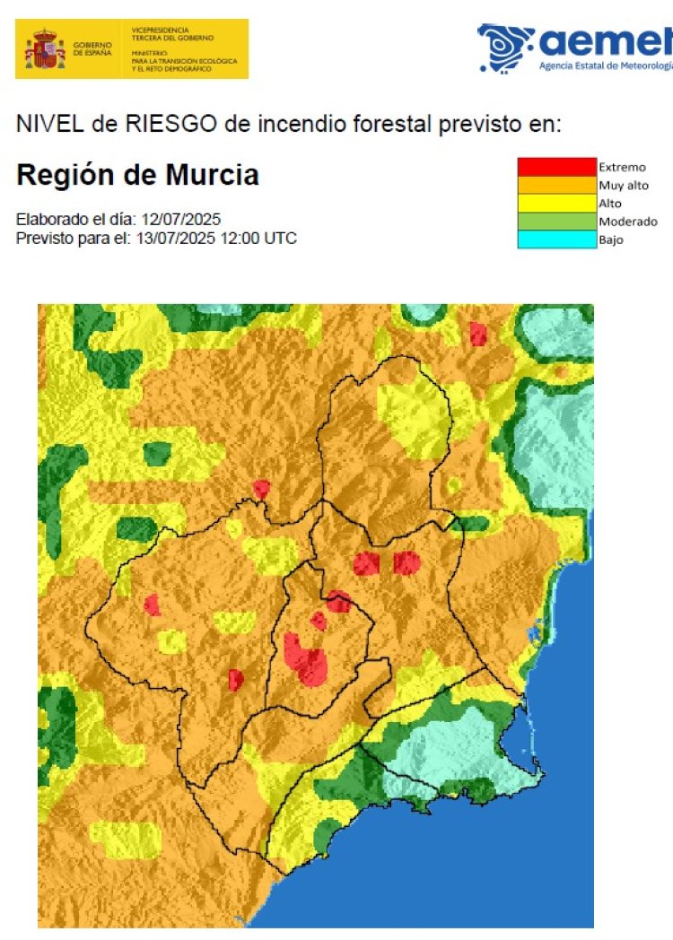 Meteorología alerta de riesgo MUY ALTO de incendio forestal en la mayor parte de la Región