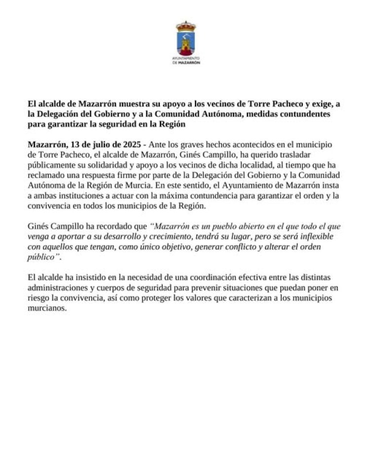 El alcalde de Mazarrón muestra su apoyo a los vecinos de Torre Pacheco y exige, a la Delegación del Gobierno y a la Comunidad Autónoma, medidas contundentes para garantizar la seguridad en la Región