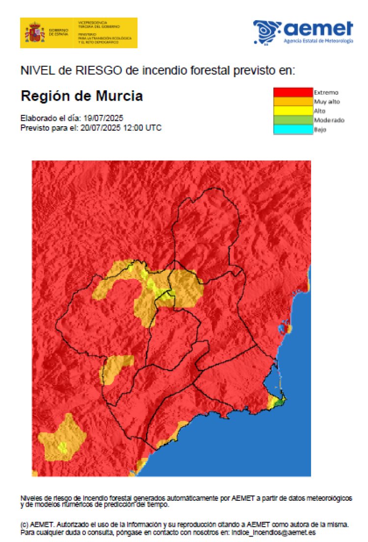 El nivel de riesgo de incendio forestal previsto para hoy domingo es EXTREMO en toda la Región de Murcia.