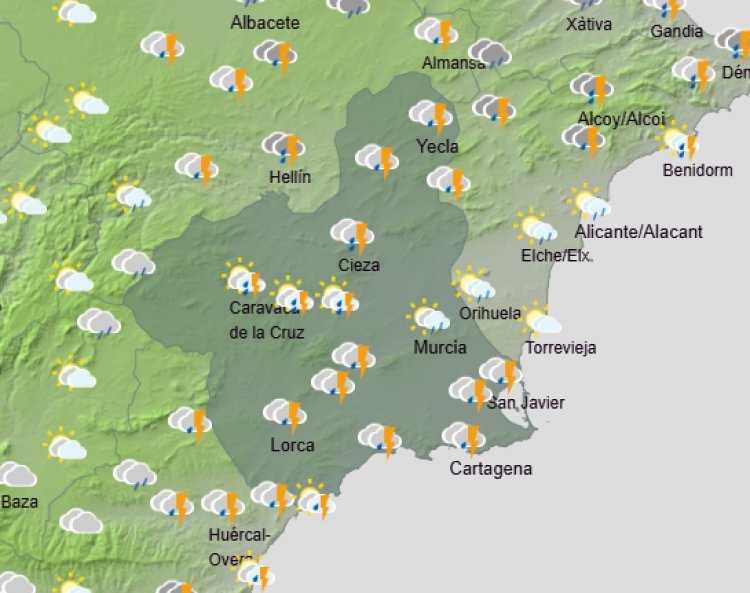 Llegan las lluvias a la Región de Murcia. Las temperaturas irán en descenso generalizado, estimándose una temperatura máxima en Mazarrón de 32 ºC, el Jueves 24 de Julio.
