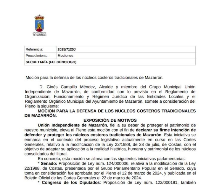 El pleno del Ayuntamiento de Mazarrón reclama, por unanimidad, la protección urgente de sus núcleos costeros tradicionales ante la reforma de la Ley de Costas