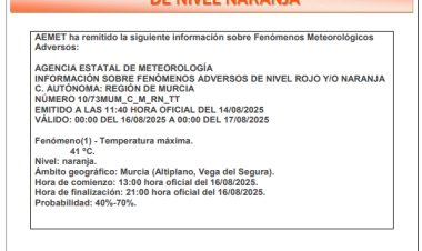 El PLAN TERRITORIAL DE LA REGION DE MURCIA (PLATEMUR) se sitúa en Fase de Preemergencia, por temperaturas máximas de 41º C en Altiplano y la Vega del Segura, que nos sitúa con aviso de NIVEL NARANJA el 16 de agosto