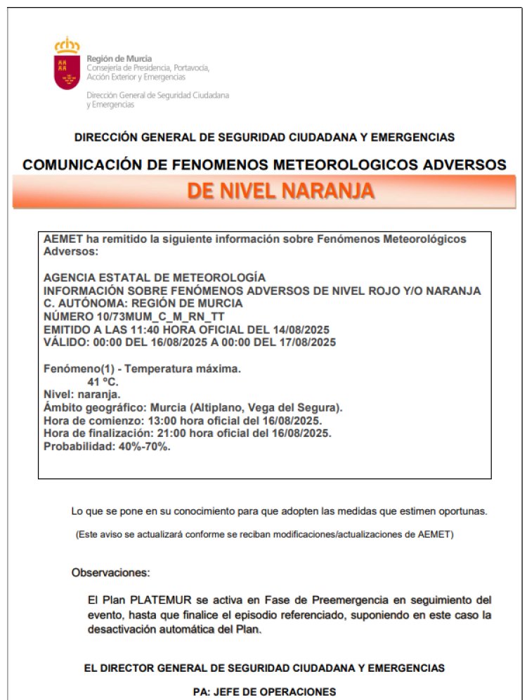 El PLAN TERRITORIAL DE LA REGION DE MURCIA (PLATEMUR) se sitúa en Fase de Preemergencia, por temperaturas máximas de 41º C en Altiplano y la Vega del Segura, que nos sitúa con aviso de NIVEL NARANJA el 16 de agosto