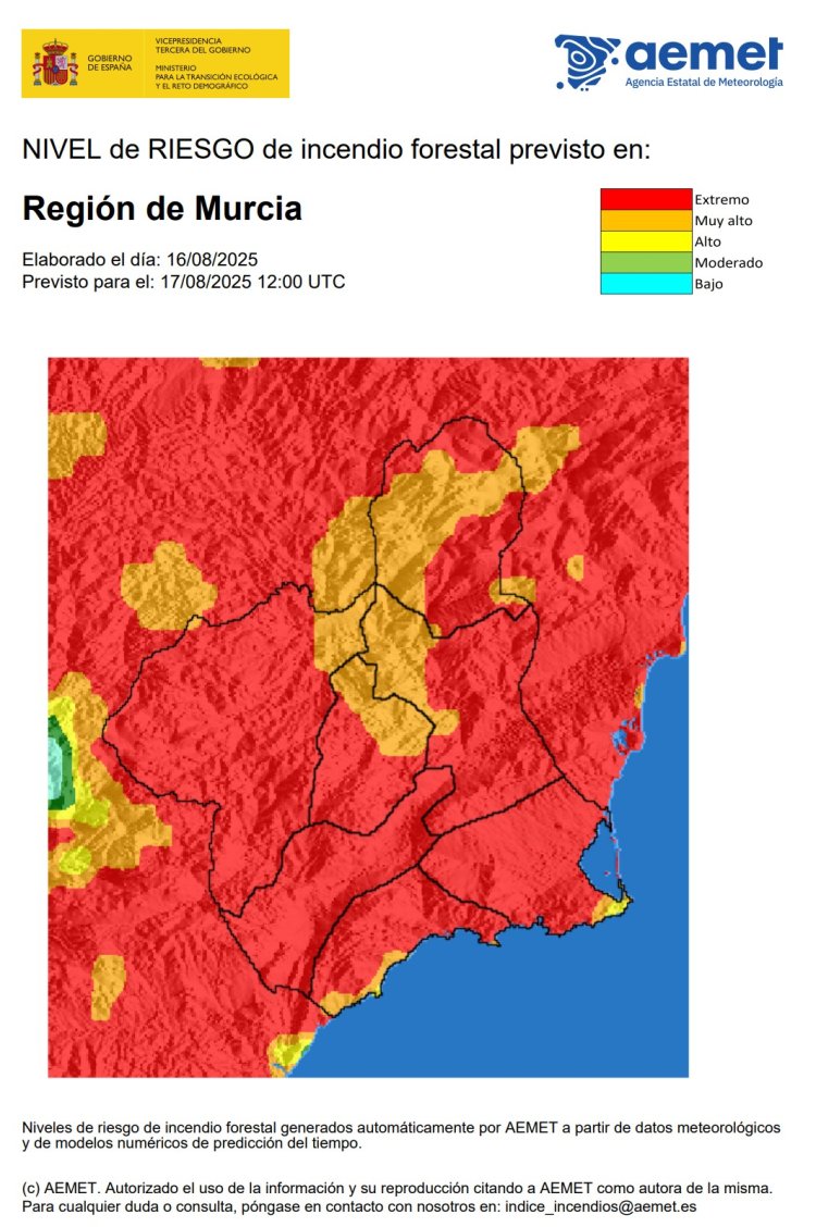 La Agencia Estatal de Meteorología informa del riesgo de incendio forestal previsto para hoy, domingo 17 de agosto de 2025, en la Región de Murcia.