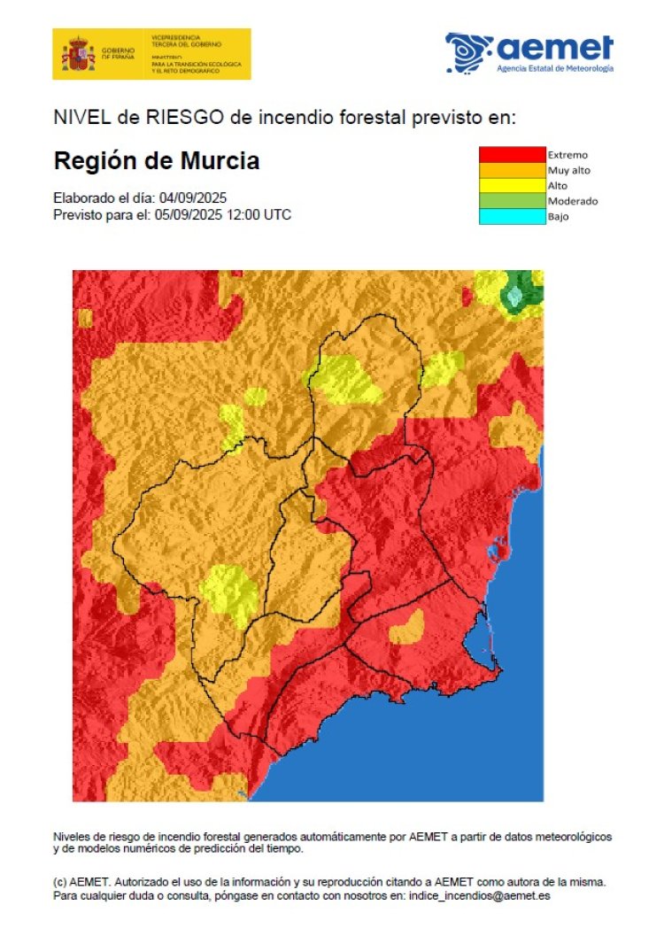 El nivel de riesgo de incendio forestal previsto para hoy viernes es muy alto o extremo en toda la Región