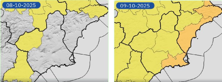 La Agencia Estatal de Meteorología actualiza los fenómenos adversos de nivel amarillo y naranja por lluvia y tormenta en la Región de Murcia.