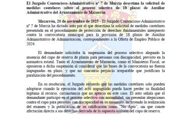 El Juzgado Contencioso-Administrativo nº 7 de Murcia desestima la solicitud de medidas cautelares sobre el proceso selectivo de 18 plazas de Auxiliar Administrativo del Ayuntamiento de Mazarrón