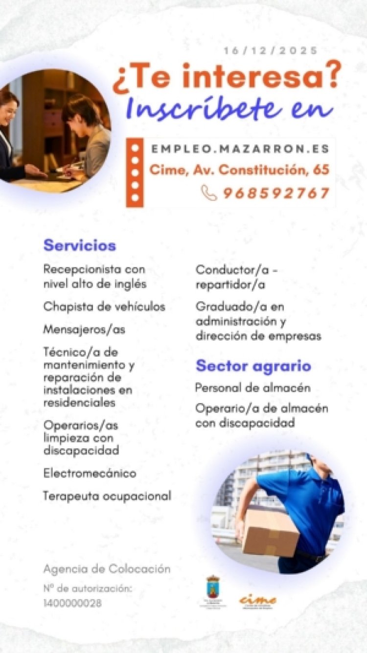 Ofertas de empleo activas de la Agencia de Colocación del Ayuntamiento de Mazarrón