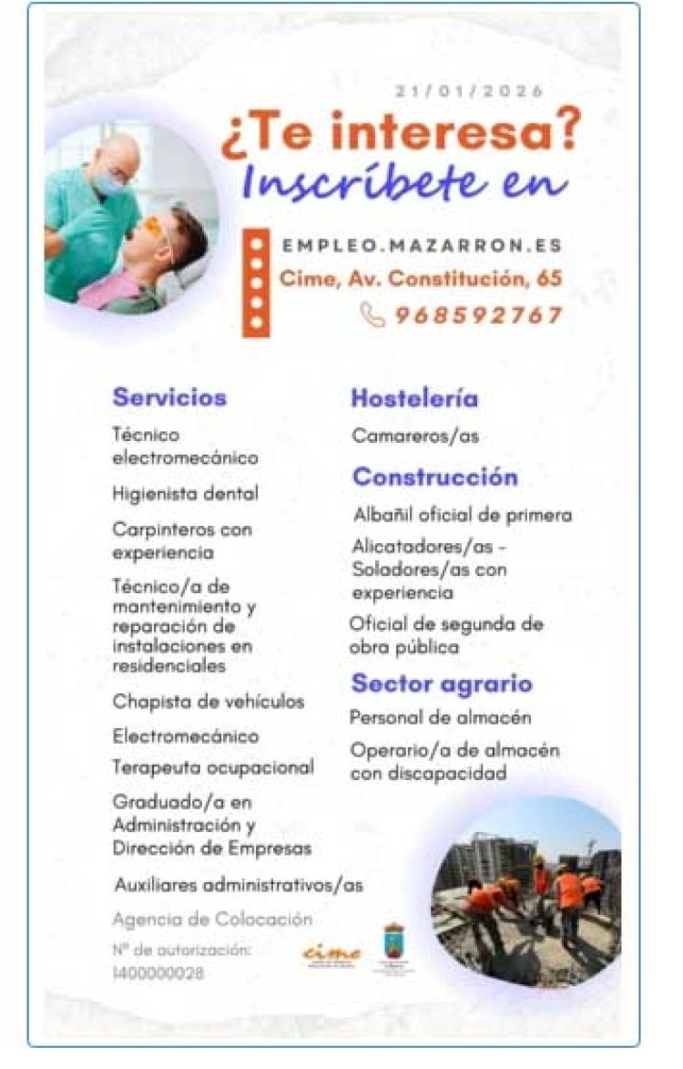 Ofertas de empleo activas de la Agencia de Colocación del Ayuntamiento de Mazarrón