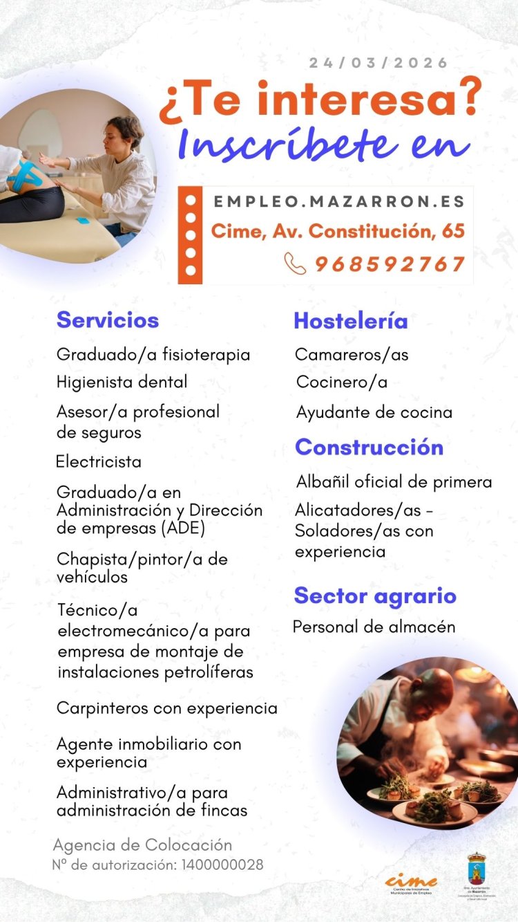 Ofertas de empleo activas de la Agencia de Colocación del Ayuntamiento de Mazarrón