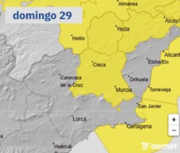 Meteorología amplía su aviso de viento fuerte en el Altiplano y Vega del Segura y temporal en la costa para el Domingo día 29
