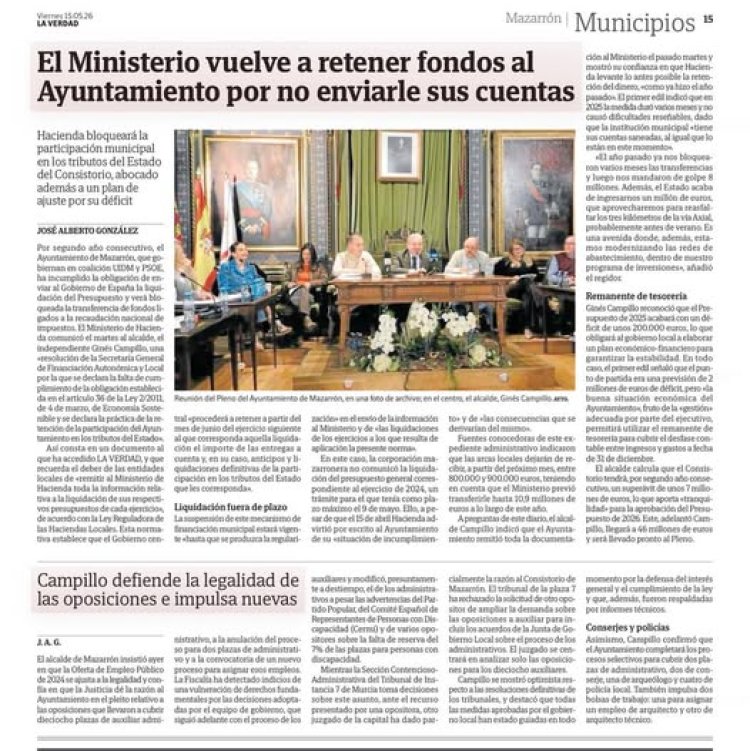 PP Mazarrón: El Ayuntamiento atraviesa una situación económica muy preocupante tras conocerse que el Ministerio de Hacienda ha tenido que intervenir debido a la incapacidad del equipo de gobierno para pagar a los proveedores