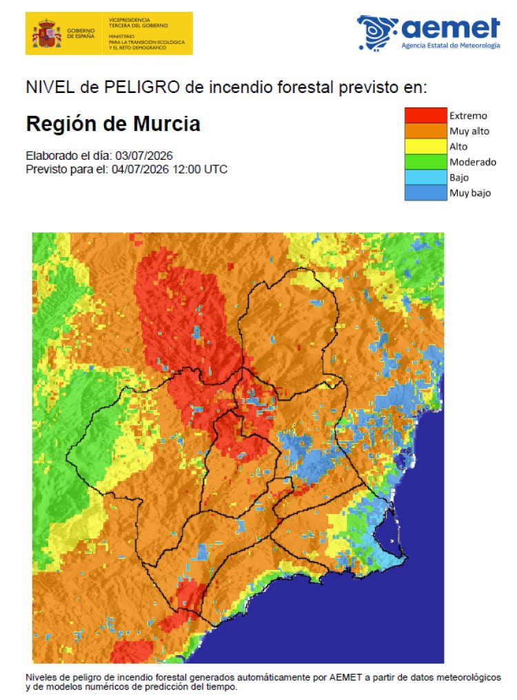 El riesgo de incendio forestal previsto por la AEMET para hoy sábado 4 de julio es MUY ALTO en cuatro comarcas de la Región.